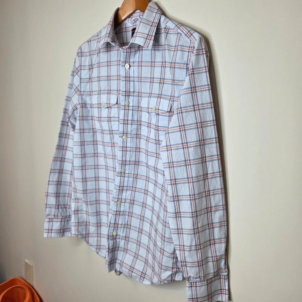Banana Republic‎ Mens M Plaid Button Down Shirt Blue Orange Cotton Long Sleeve